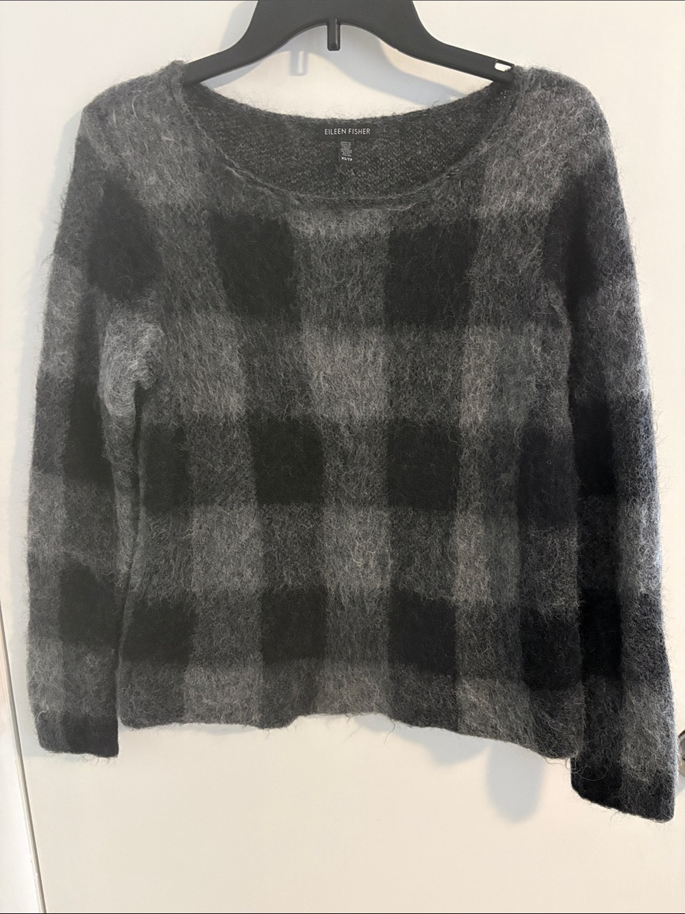 Eileen Fisher Black and Gray Plaid Mohair Alpaca Blend Sweater